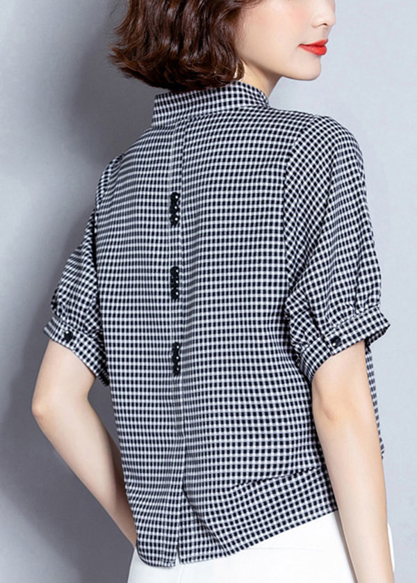 Organic Black V Neck Plaid Chiffon Shirt Lantern Sleeve LY0414