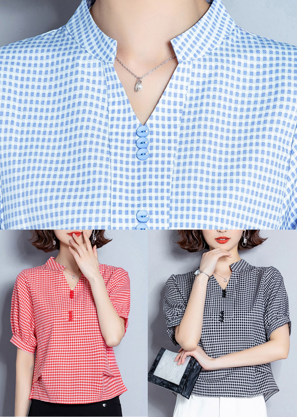 Organic Black V Neck Plaid Chiffon Shirt Lantern Sleeve LY0414