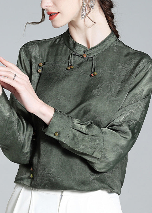Organic Grey Green Stand Collar Jacquard Silk Shirt Long Sleeve AC3025
