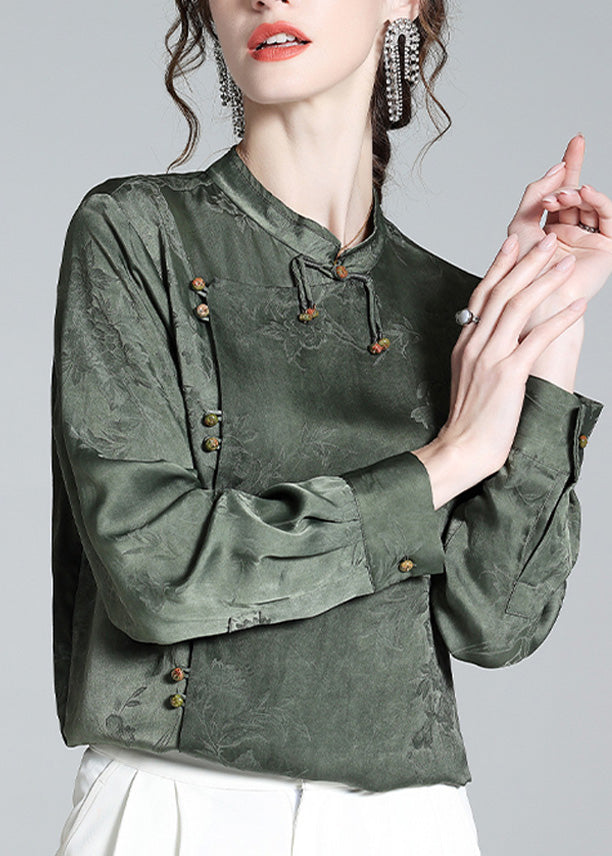 Organic Grey Green Stand Collar Jacquard Silk Shirt Long Sleeve AC3025