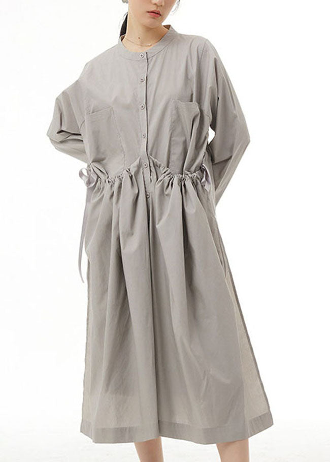 Organic Grey Pockets Wrinkled Patchwork Cotton Dress Spring LY1170