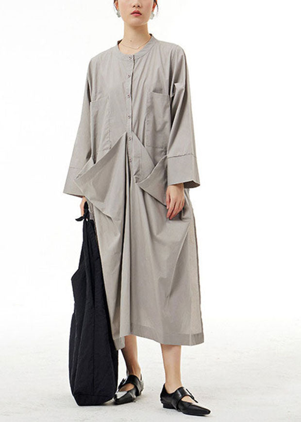 Organic Grey Pockets Wrinkled Patchwork Cotton Dress Spring LY1170