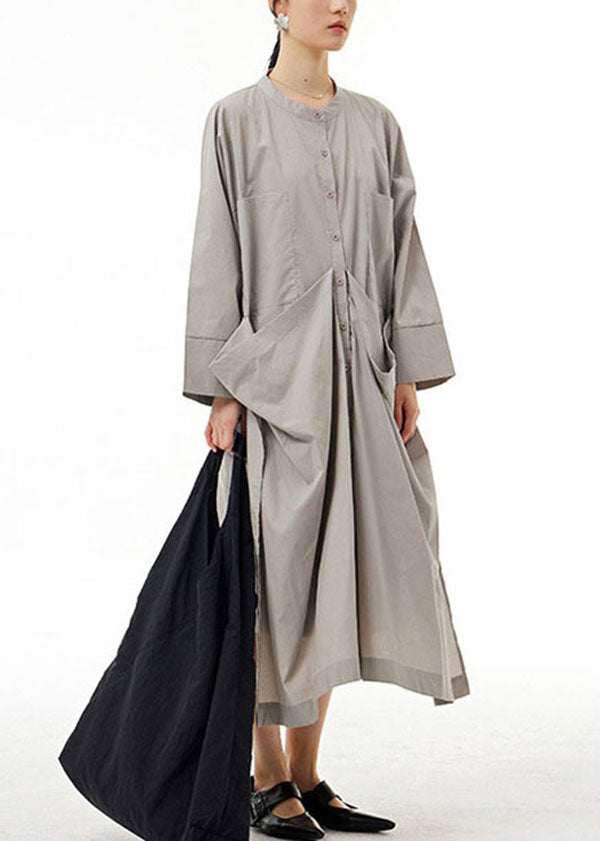 Organic Grey Pockets Wrinkled Patchwork Cotton Dress Spring LY1170