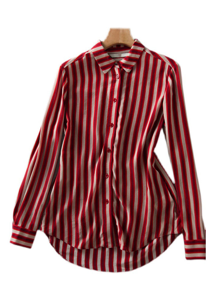 Organic Red Peter Pan Collar Striped Button Low High Design Chiffon Shirts Long Sleeve LY0382