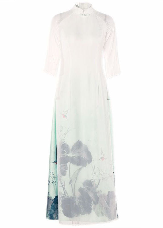 Oriental White Gradient Print Side Open Chiffon Dress Spring LY1688