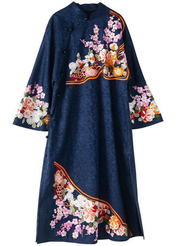 Original Design Navy Embroideried Jacquard Silk Chinese Style Dress Vestidos Spring LC0211