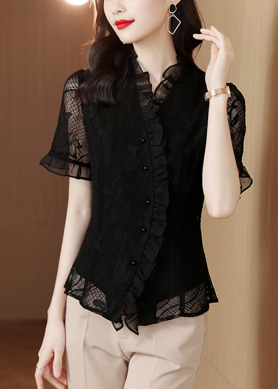 Original Design Navy Ruffled Hollow Out Lace Shirt Summer LY0418