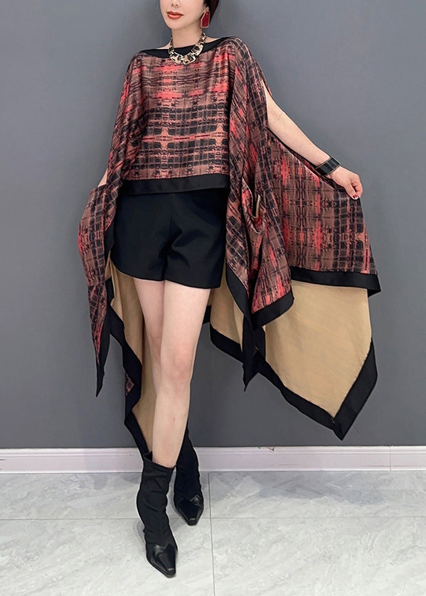 Original Design Slash Neck Asymmetrical Print Silk Tops Batwing Sleeve LY0572