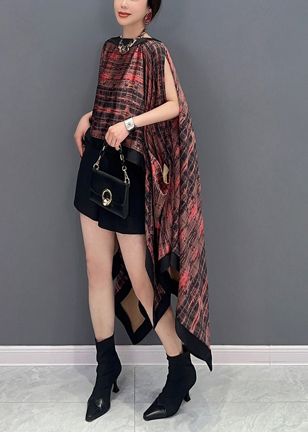 Original Design Slash Neck Asymmetrical Print Silk Tops Batwing Sleeve LY0572