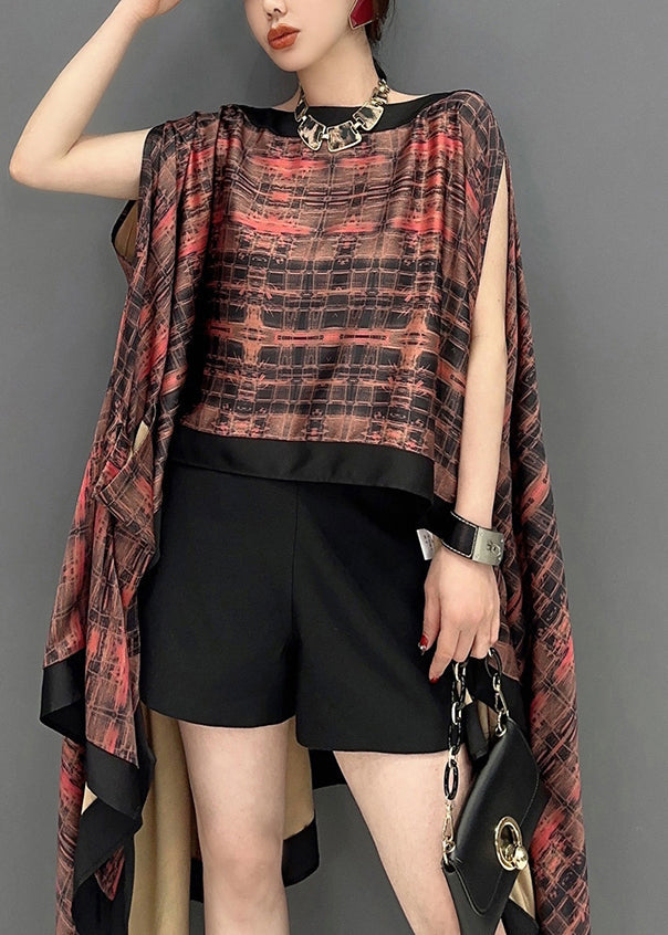 Original Design Slash Neck Asymmetrical Print Silk Tops Batwing Sleeve LY0572