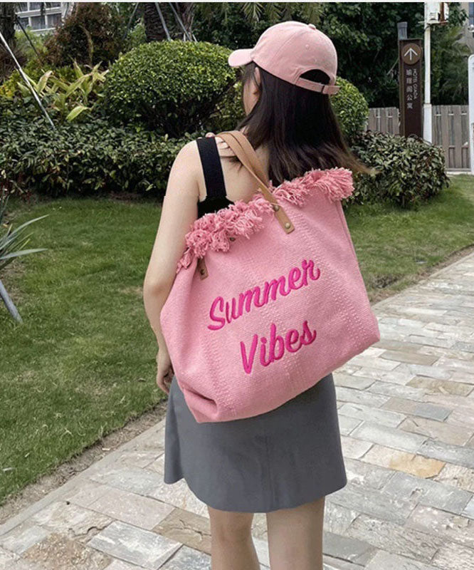 Pink Tassel Patchwork Letter Embroidery Canvas Tote Handbag LY1387