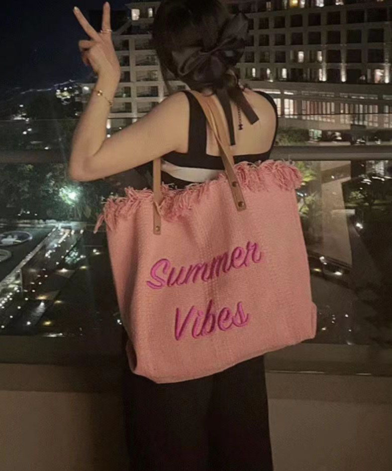 Pink Tassel Patchwork Letter Embroidery Canvas Tote Handbag LY1387