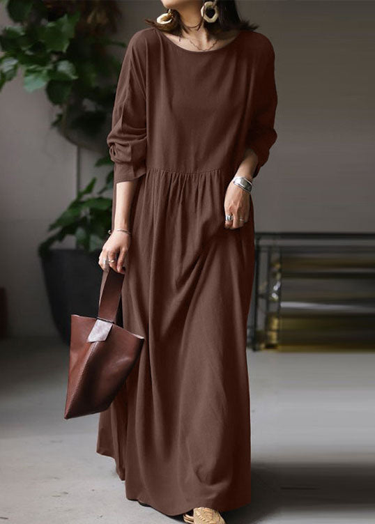 Plus Size Beige O Neck Wrinkled Patchwork Cotton Maxi Dress Spring LC0436