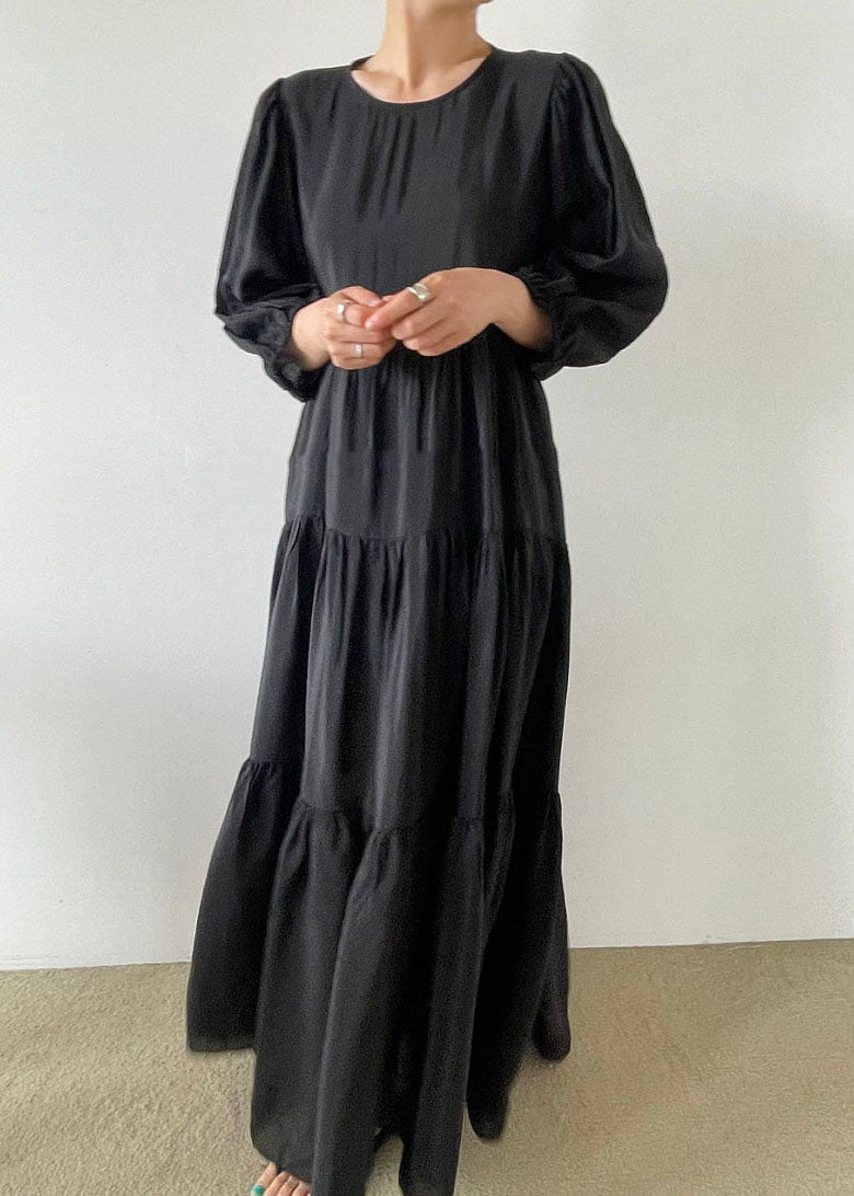 Plus Size Black O-Neck Patchwork Backless Cotton Maxi Dress Bracelet Sleeve LY1327