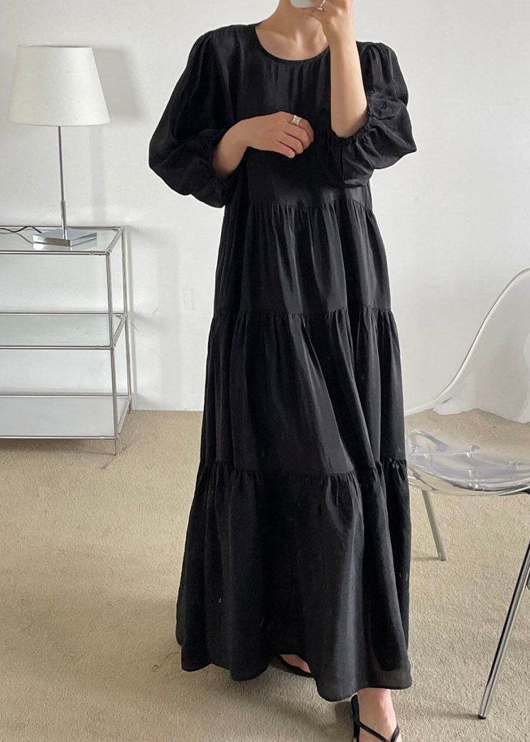 Plus Size Black O-Neck Patchwork Backless Cotton Maxi Dress Bracelet Sleeve LY1327