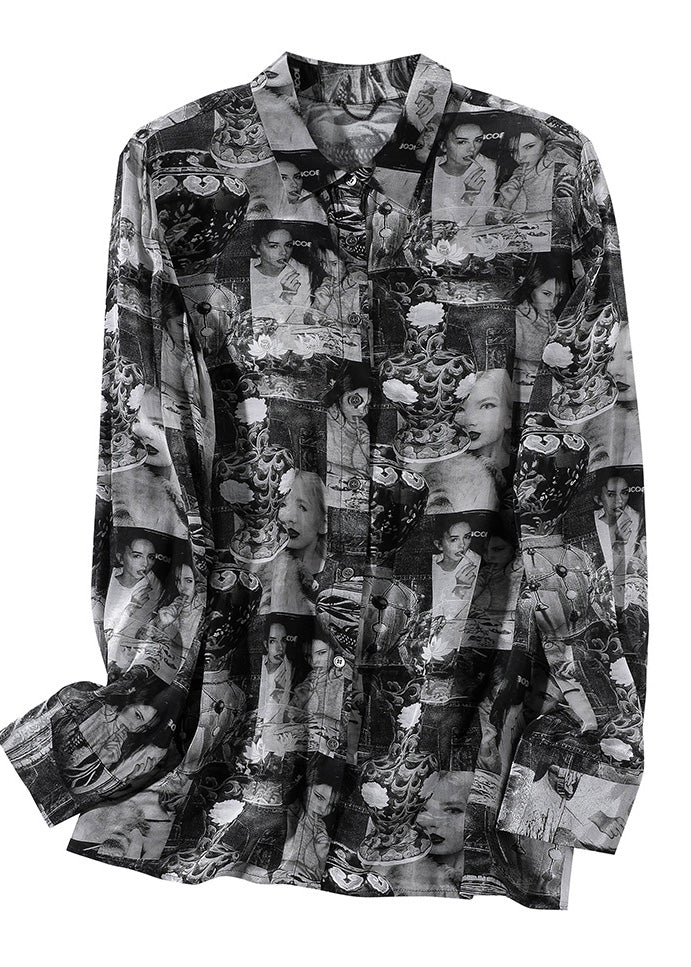 Plus Size Black Peter Pan Collar Print Button Silk Shirt Long Sleeve AC3034