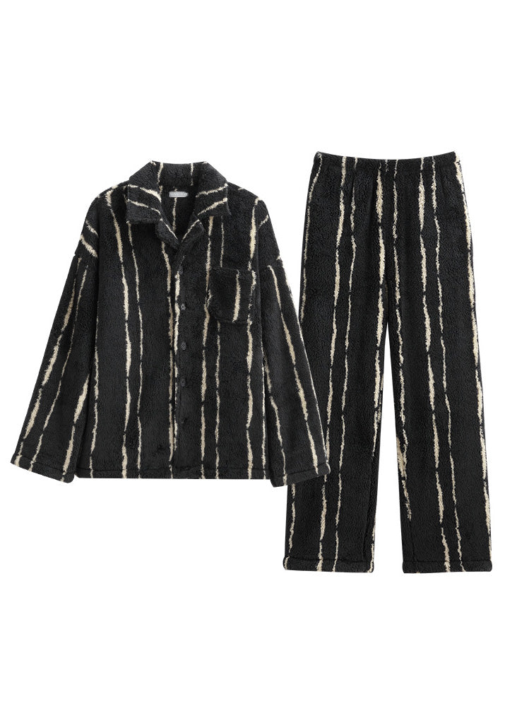 Plus Size Black Striped Patchwork Button Velour Pajamas Two Piece Set Spring LY1892