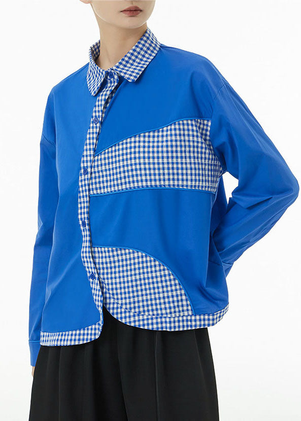 Plus Size Blue Peter Pan Collar Patchwork Plaid Cotton Shirts Spring LC0145