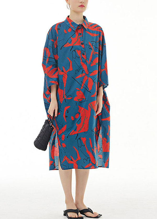 Plus Size Blue Peter Pan Collar Print Patchwork Cotton Shirts Dress Spring LY1167