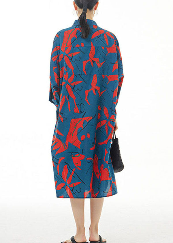 Plus Size Blue Peter Pan Collar Print Patchwork Cotton Shirts Dress Spring LY1167