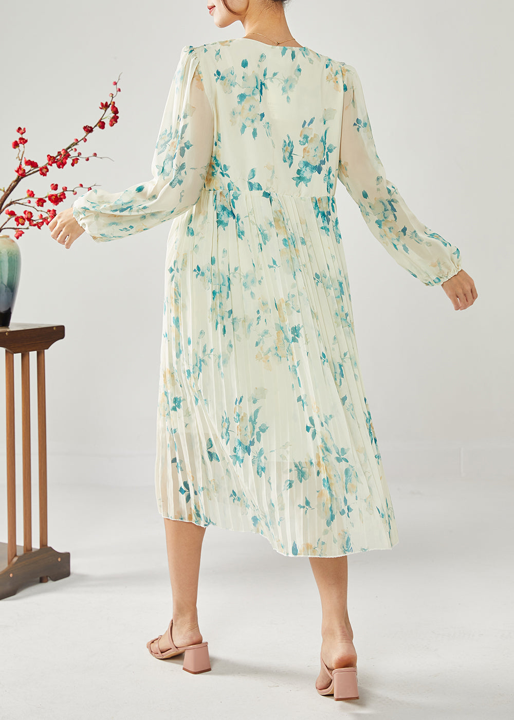 Plus Size Blue Print Patchwork Ruffles Wrinkled Chiffon Long Dress Spring LY1815