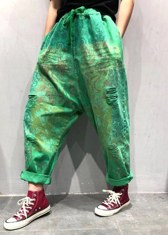 Plus Size Blue Print Tie Waist Ripped Wide Leg Pants Summer TQ1048