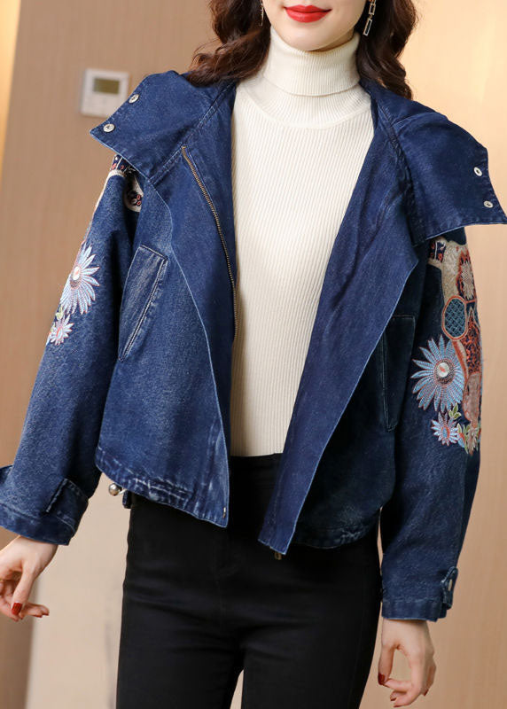 Plus Size Blue Stand Collar Embroideried Denim Coats Spring AC2007