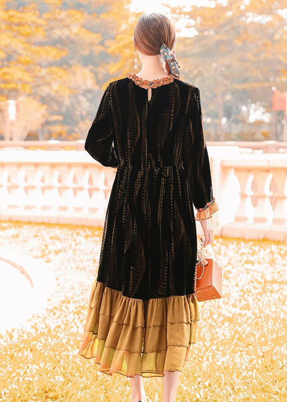 Plus Size Brown Cinched Patchwork Ruffles Silk Velour Dress AC3043
