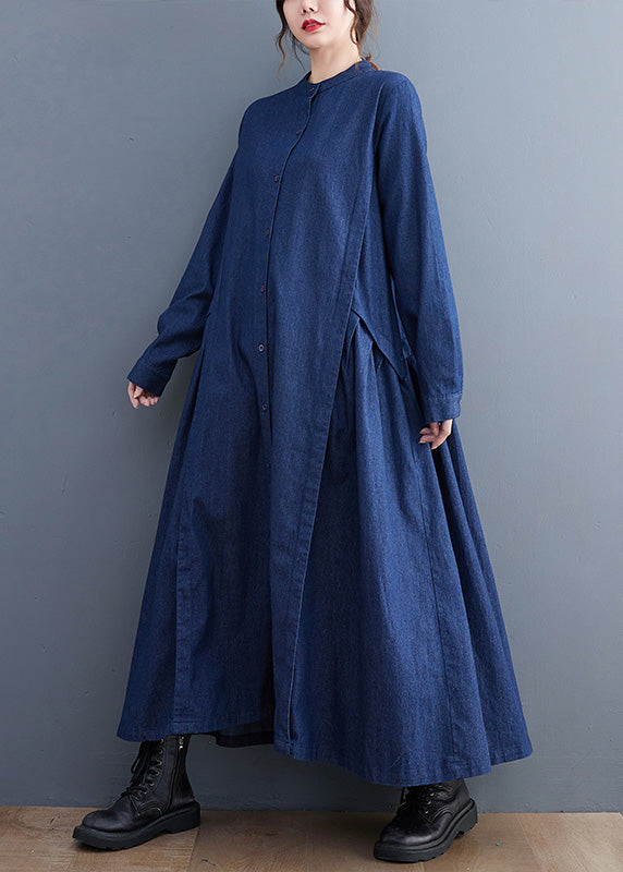 Plus Size Denim Black Stand Collar Patchwork Wrinkled Button Ankle Shirts Dress Long Sleeve AC2014