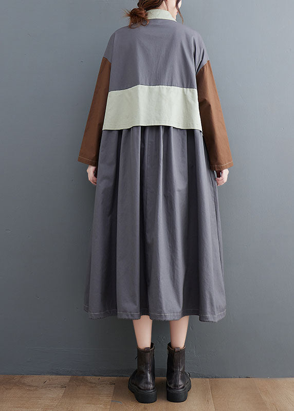 Plus Size Grey Oversized Patchwork Cotton Shirt Dress Spring LY1548