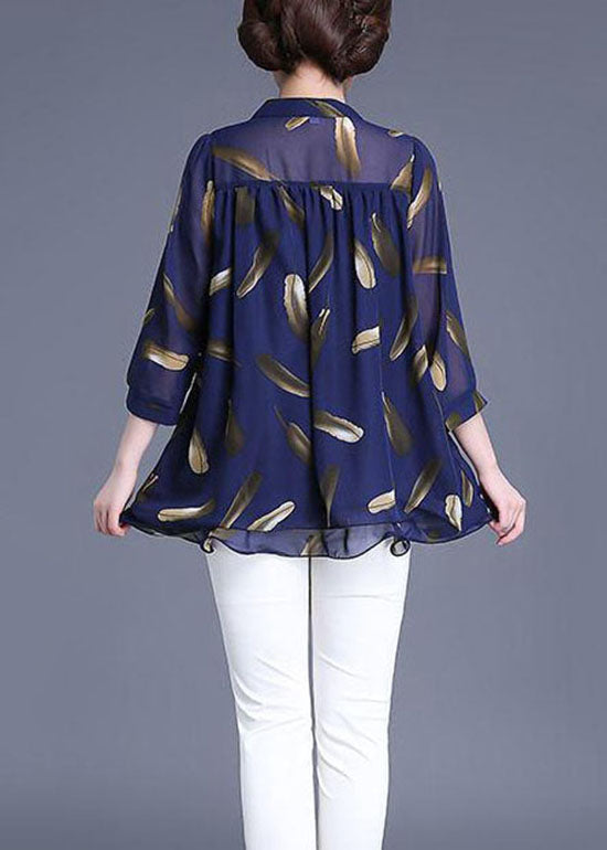 Plus Size Navy Print Wrinkled Patchwork Chiffon Blouse Tops Summer TQ1007
