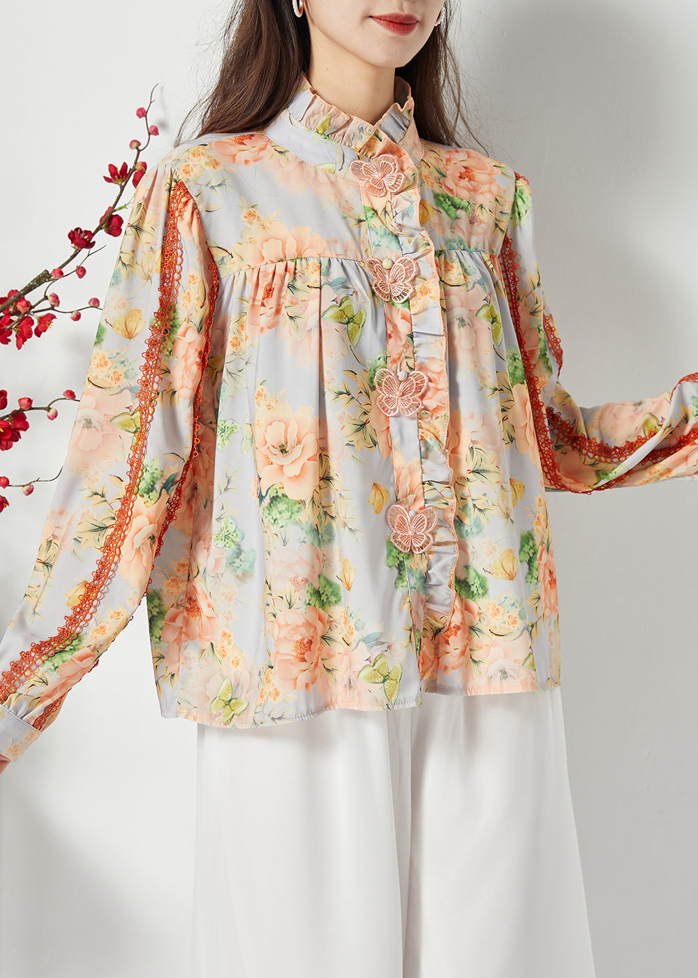 Plus Size Orange Ruffled Print Chiffon Shirt Top Spring LY1120