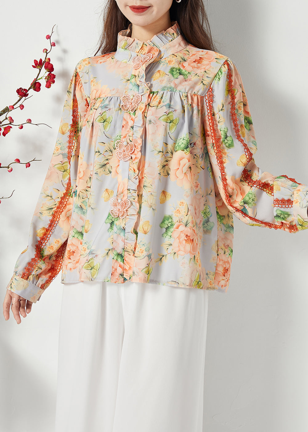 Plus Size Orange Ruffled Print Chiffon Shirt Top Spring LY1120