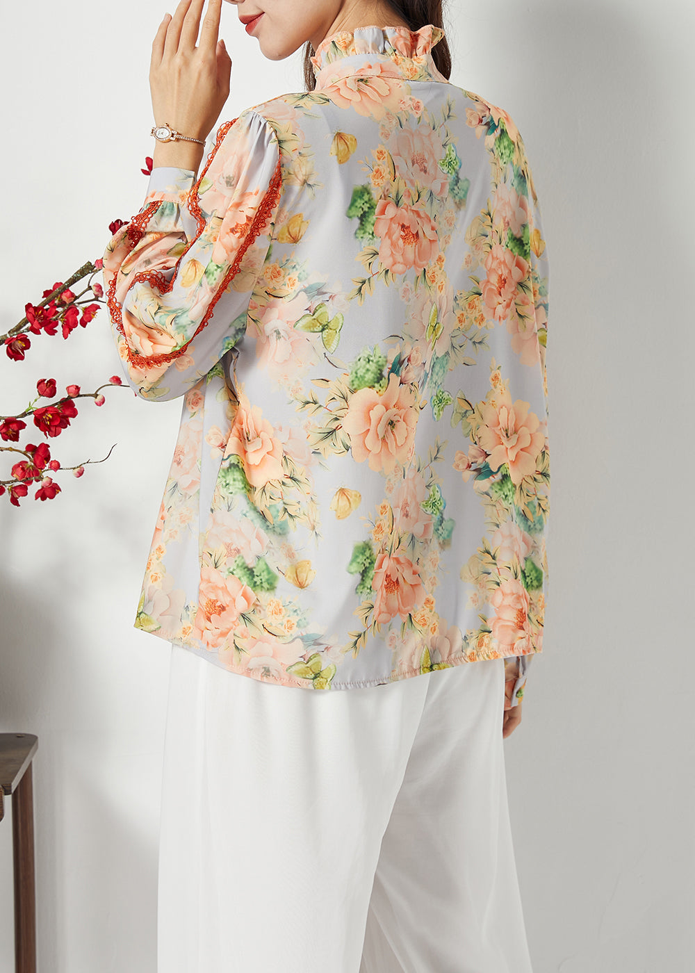 Plus Size Orange Ruffled Print Chiffon Shirt Top Spring LY1120
