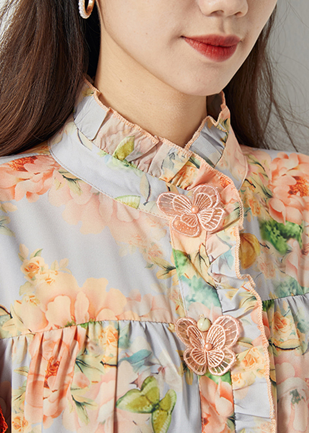 Plus Size Orange Ruffled Print Chiffon Shirt Top Spring LY1120