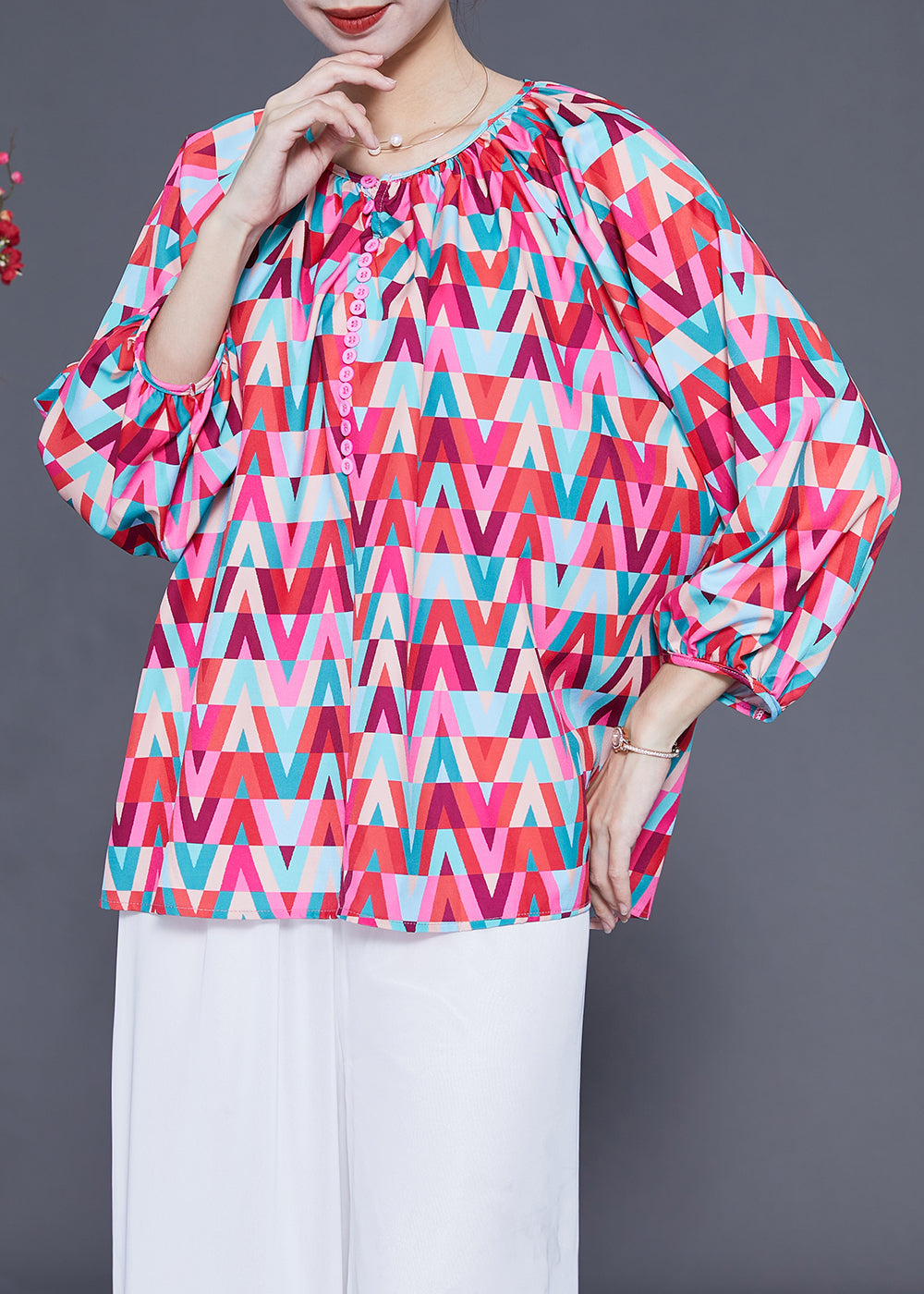 Plus Size Red O-Neck Print Button Chiffon Blouse Top Bracelet Sleeve LY1829