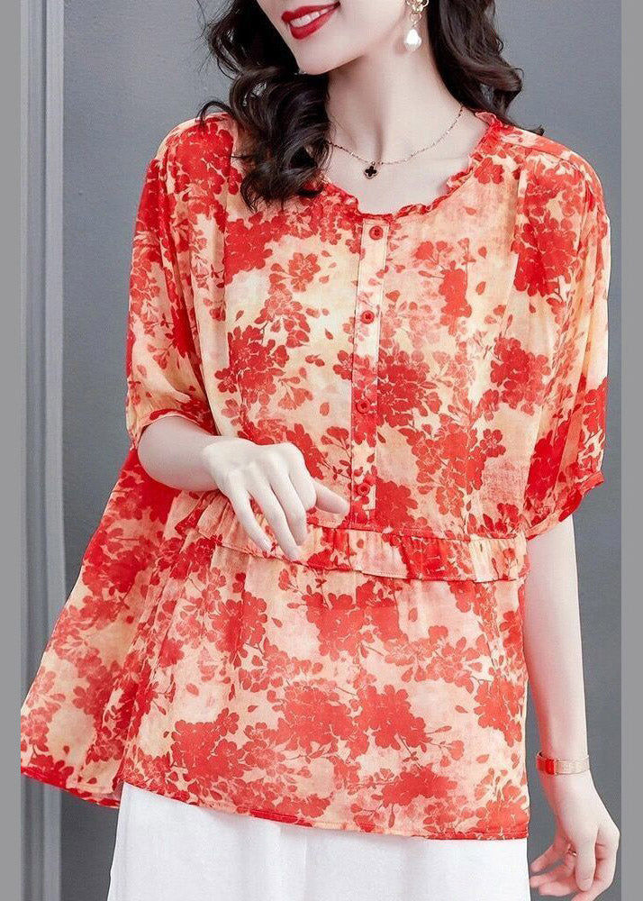 Plus Size Red Ruffled Print Patchwork Chiffon Tops SummerTI1049
