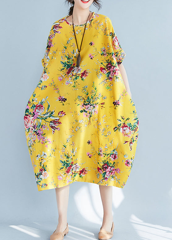 Plus Size Yellow O-Neck Print Cotton Holiday Dress Summer LY0906