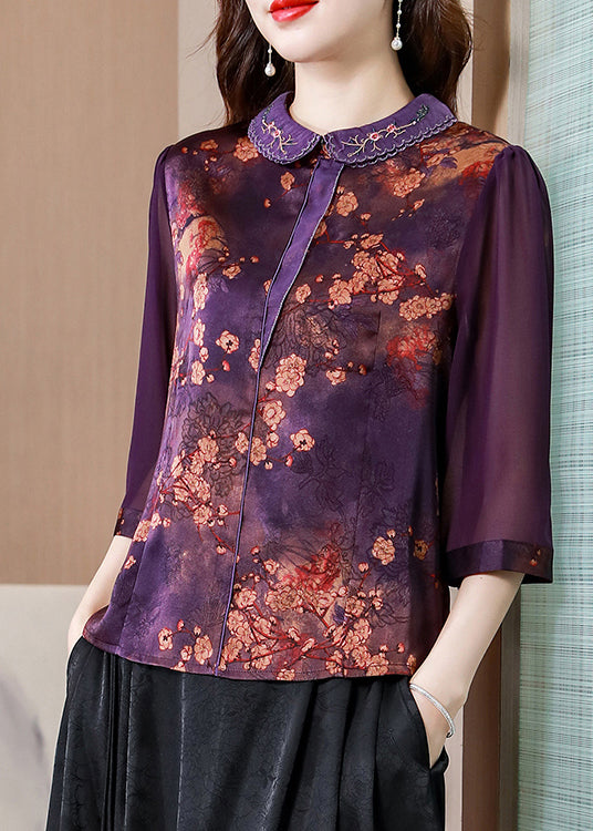 Purple Patchwork Silk Tops Oversized Print Bracelet Sleeve LY0416