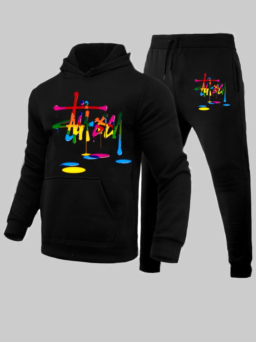 Men Tie Dye Letter Print Kangaroo Pocket Tracksuit Set AC2059