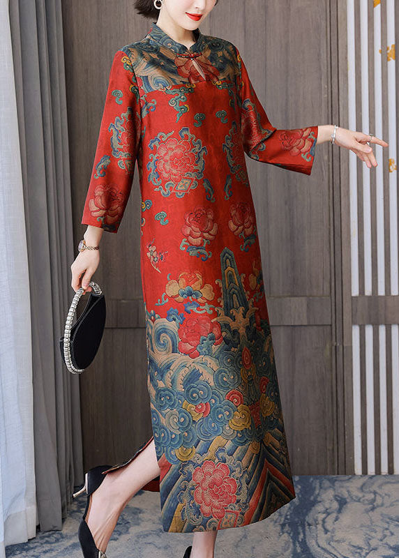 Red Chinese Style Silk Dresses Stand Collar Side Open Bracelet Sleeve LY1692
