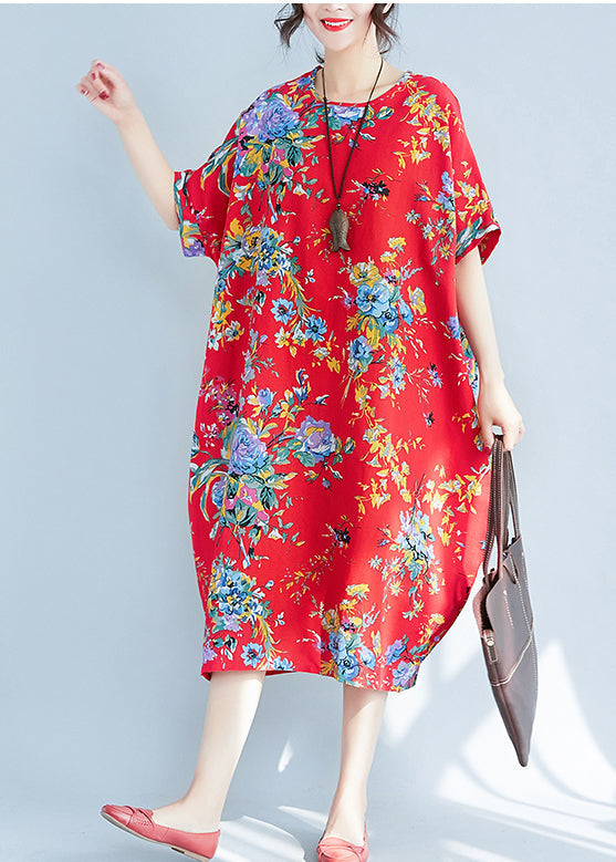 Red Print Cotton Long Dress Oversized Pockets Summer LY0907