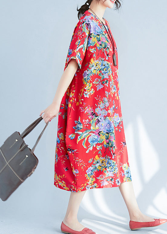 Red Print Cotton Long Dress Oversized Pockets Summer LY0907