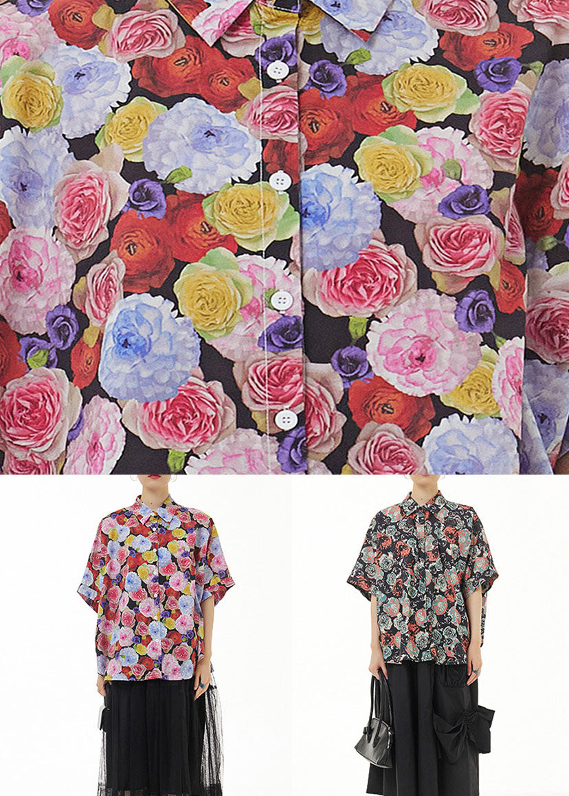 Red Print Patchwork Cotton Blouses Peter Pan Collar Summer LY1231