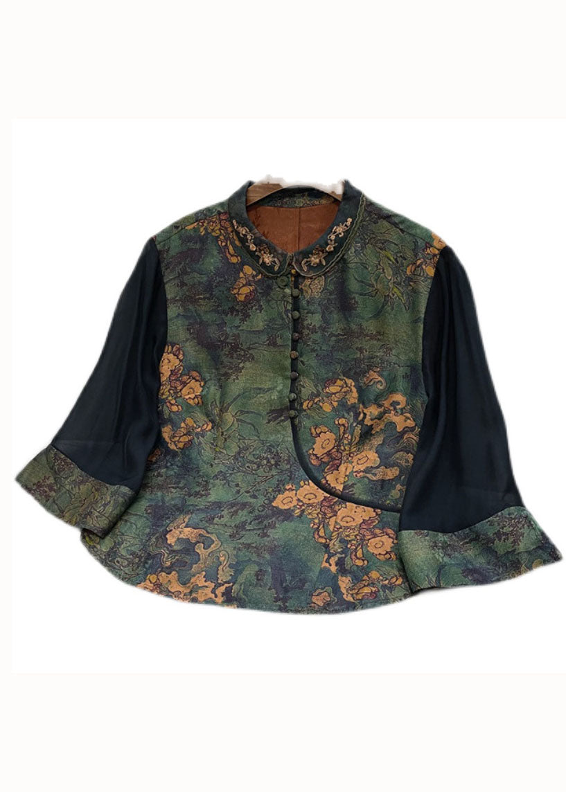 Retro Green Peter Pan Collar Button Print Patchwork Silk Shirt Spring LC0285