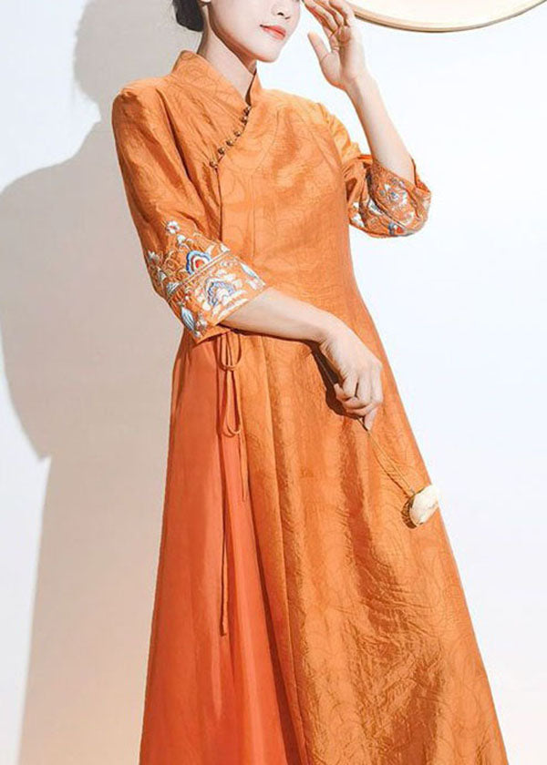 Retro Orange Embroideried Lace Up Patchwork Silk Dresses Summer LY1723