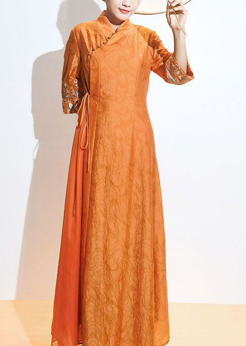 Retro Orange Embroideried Lace Up Patchwork Silk Dresses Summer LY1723
