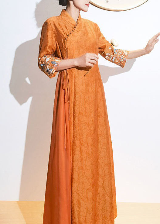Retro Orange Embroideried Lace Up Patchwork Silk Dresses Summer LY1723