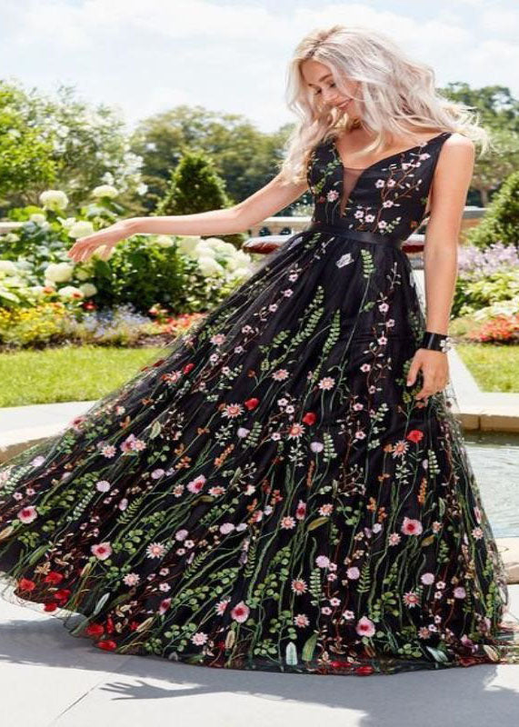 Sexy Black Embroideried Patchwork Chiffon Dress Summer LY1920