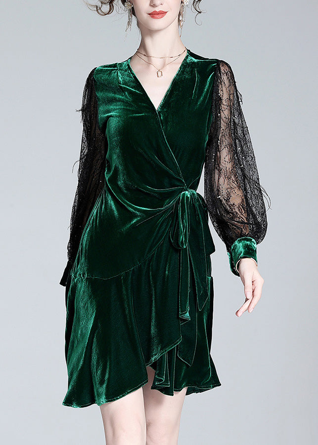 Sexy Green V Neck Tulle Patchwork Tie Waist Silk Velour Holiday Mid Dress AC3017